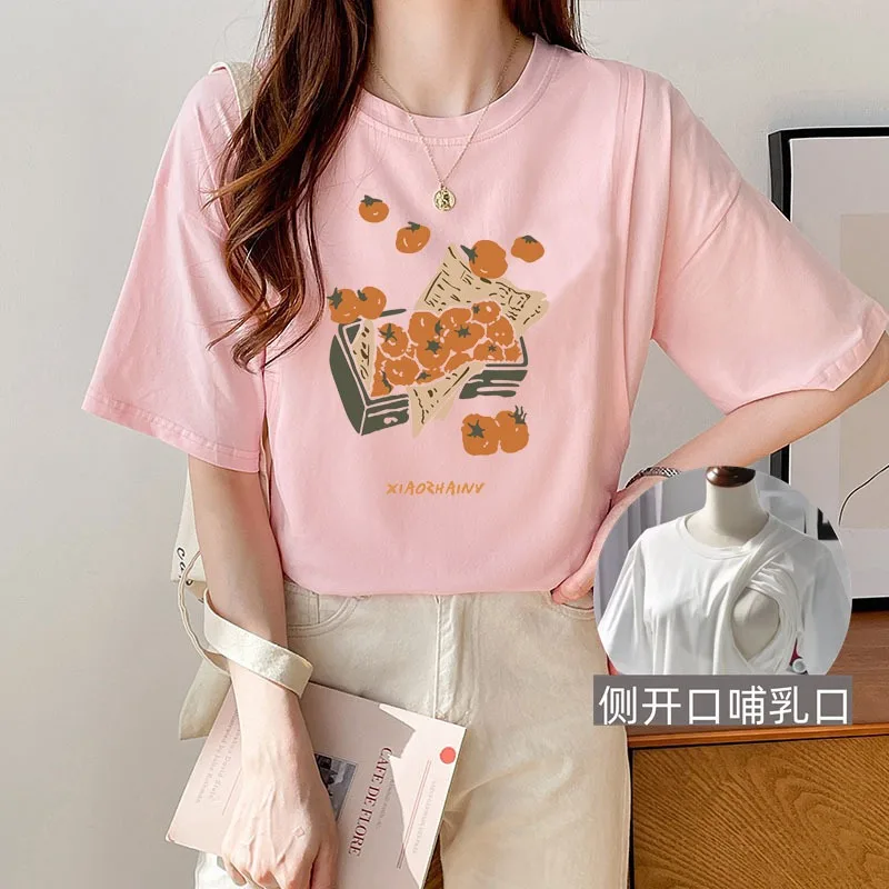 産後女性ルーズ授乳-tシャツサイドオープニング夏綿授乳女性カジュアル半袖トップ-wt020