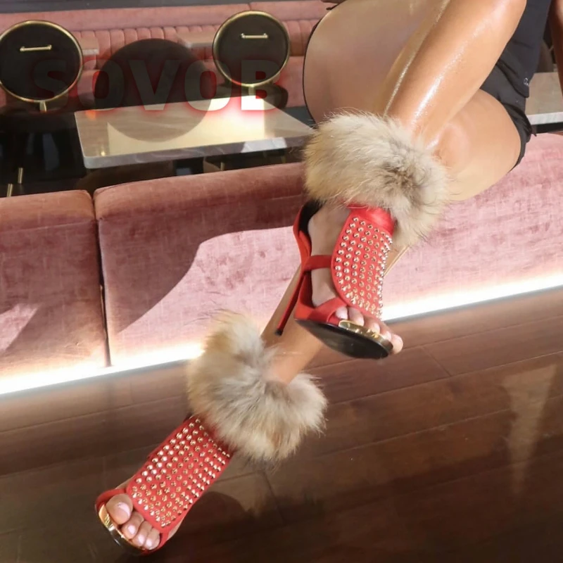 

Rhinestone Furry Open Toe Sandals for Women Stiletto High Heels Fur Straps Sandals Stylish Nightclub Party Back Zipper Shoes