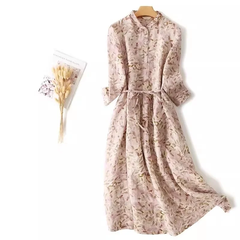 

Модное французское платье с цветочным принтом 2026 года | Элегантное платье миди из рами с длинными рукавами и дизайнерской шнуровкой | Весенне-осенняя мода w2309