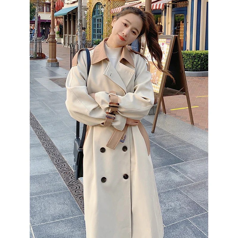 

2023 Spring And Autumn Women's New Popular French Fashion Korean Version Spliced Off White Mid Length British Style Trench