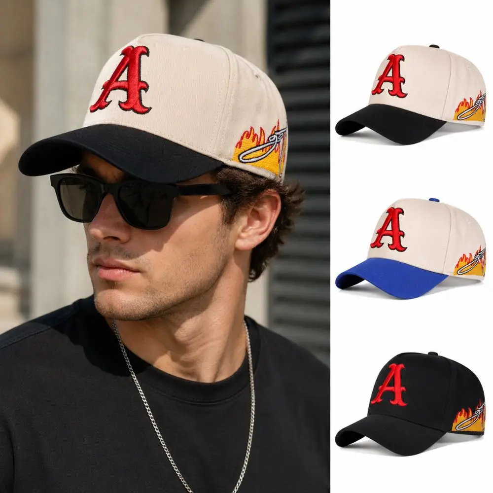 Casual Flame Baseball Cap Cotton Red Letter A Embroidery Trucker Hat Hip-hop Adjustable Streetwear Cap For Men Women