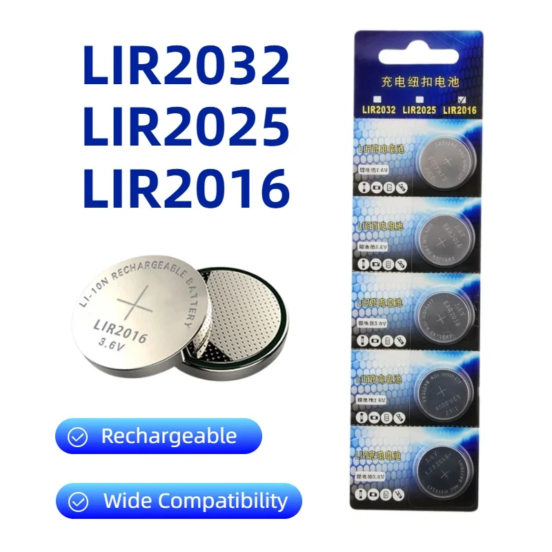 LIR2032 LIR2025 LIR2016 Rechargeable Battery 2032 Lithium Charging Can Replace 3.6V 40mAh CR2032 For Watches Coin Battery