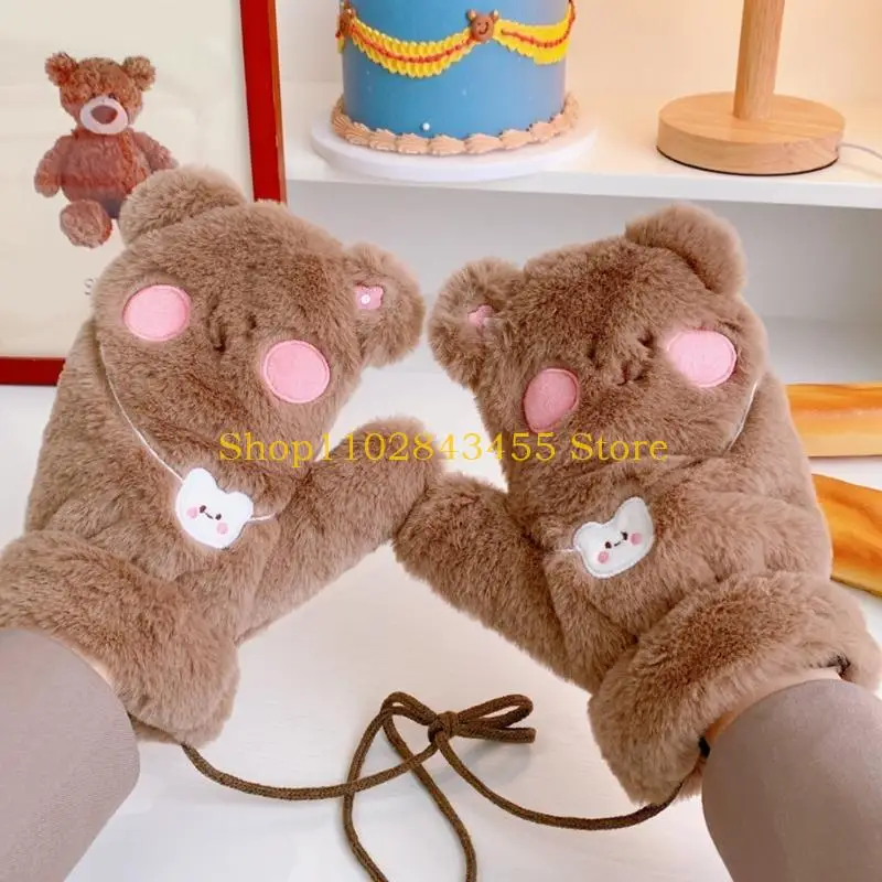 49MC Women Winter Gloves Warm Lining Mittens Cozy Thick Gloves Cartoon Bear Pattern Mittens Winter Cold Weather Accessories