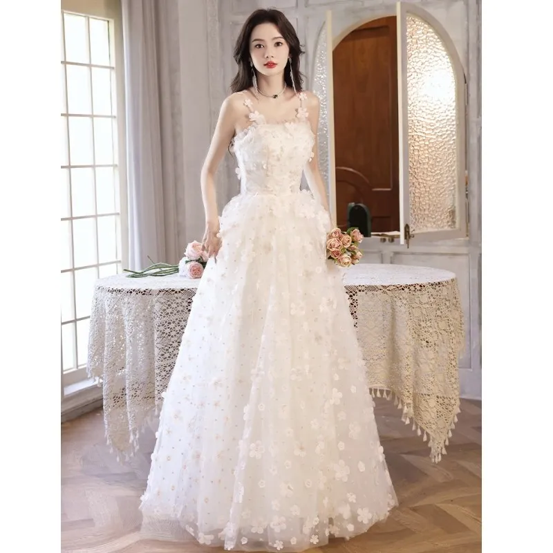 

Simple Evening Dress Women 2023 New Sleeveless A-line Banquet Prom Gown Elegant Flowers Appliques Fairy Ceremony Robe De Soiree