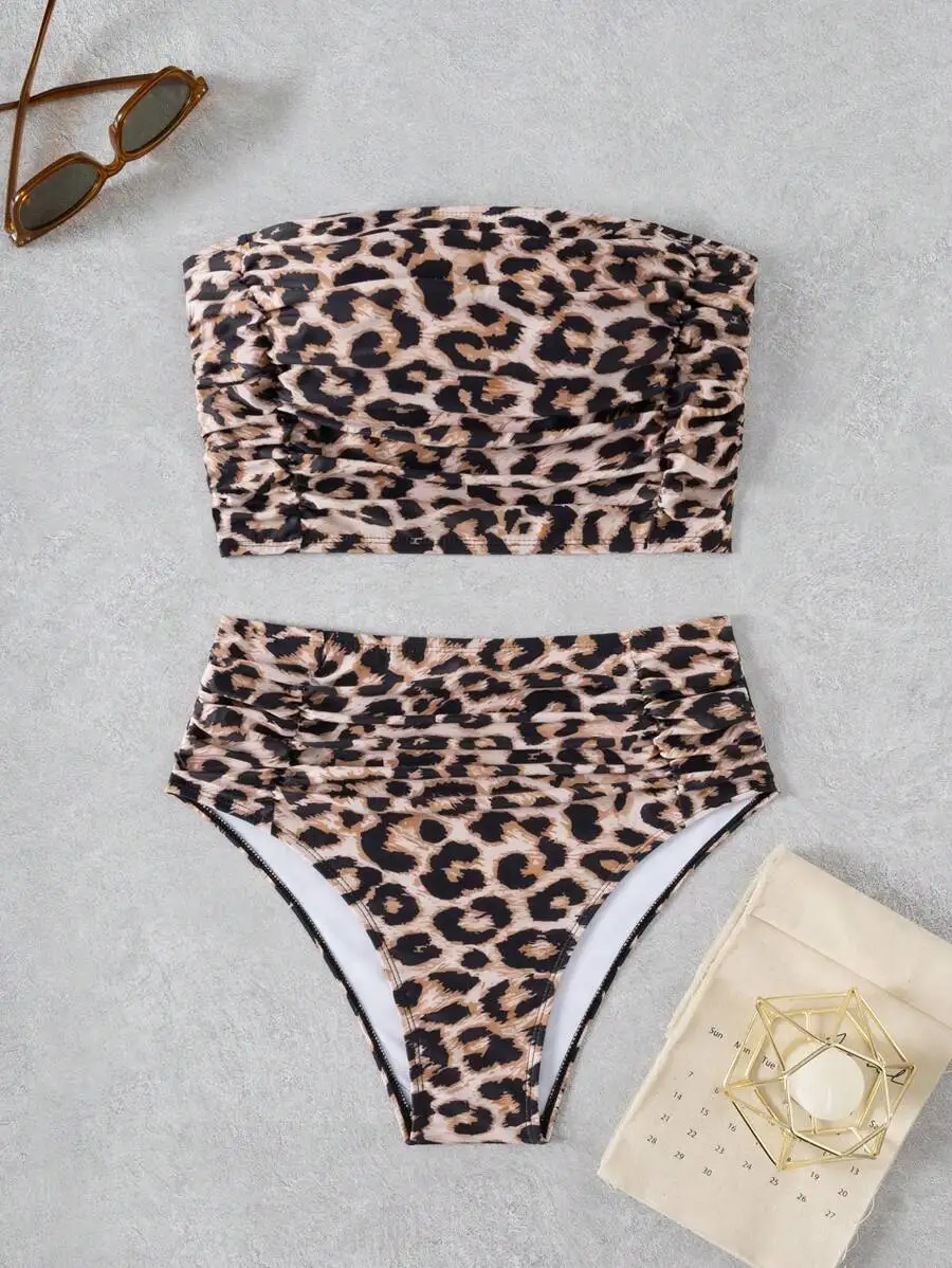 

High-Waisted Leopard Print Ruched Bikini Set With Bandeau Top For Summer Beach Vacation