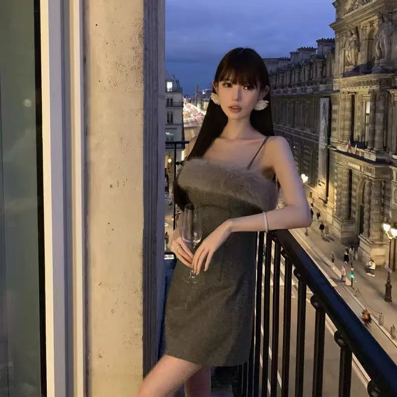 LEOSOXS 여성용 스파게티 스트랩 미니 드레스, 퍼리 칼라 디테일, 2025년 생일 행사 및 패션 모임에 완벽