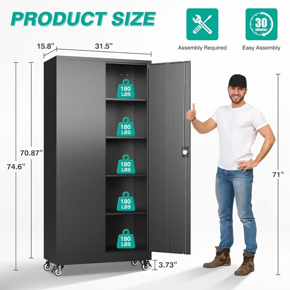 SISESOL Metal Storage Cabinet with Wheels,75 inch Tall Rolling Garage Storage Cabinet with Lock,Black Metal Cabinets with Wheels