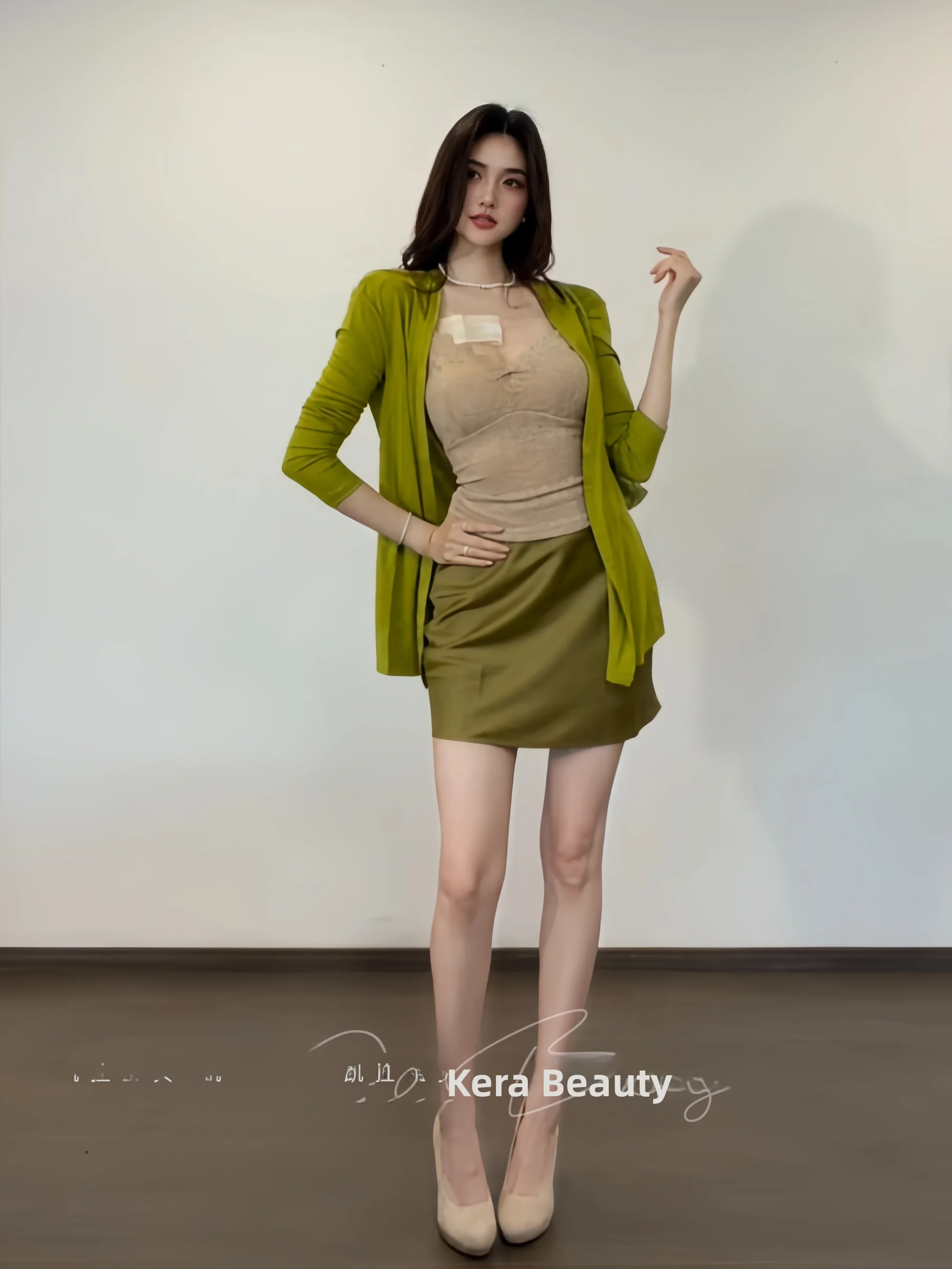 

Green Loose Spring Summer Cool Sensation Breathable Women's Slimming Fashion Set with Open Cardigan Strap Vest Half Skirt