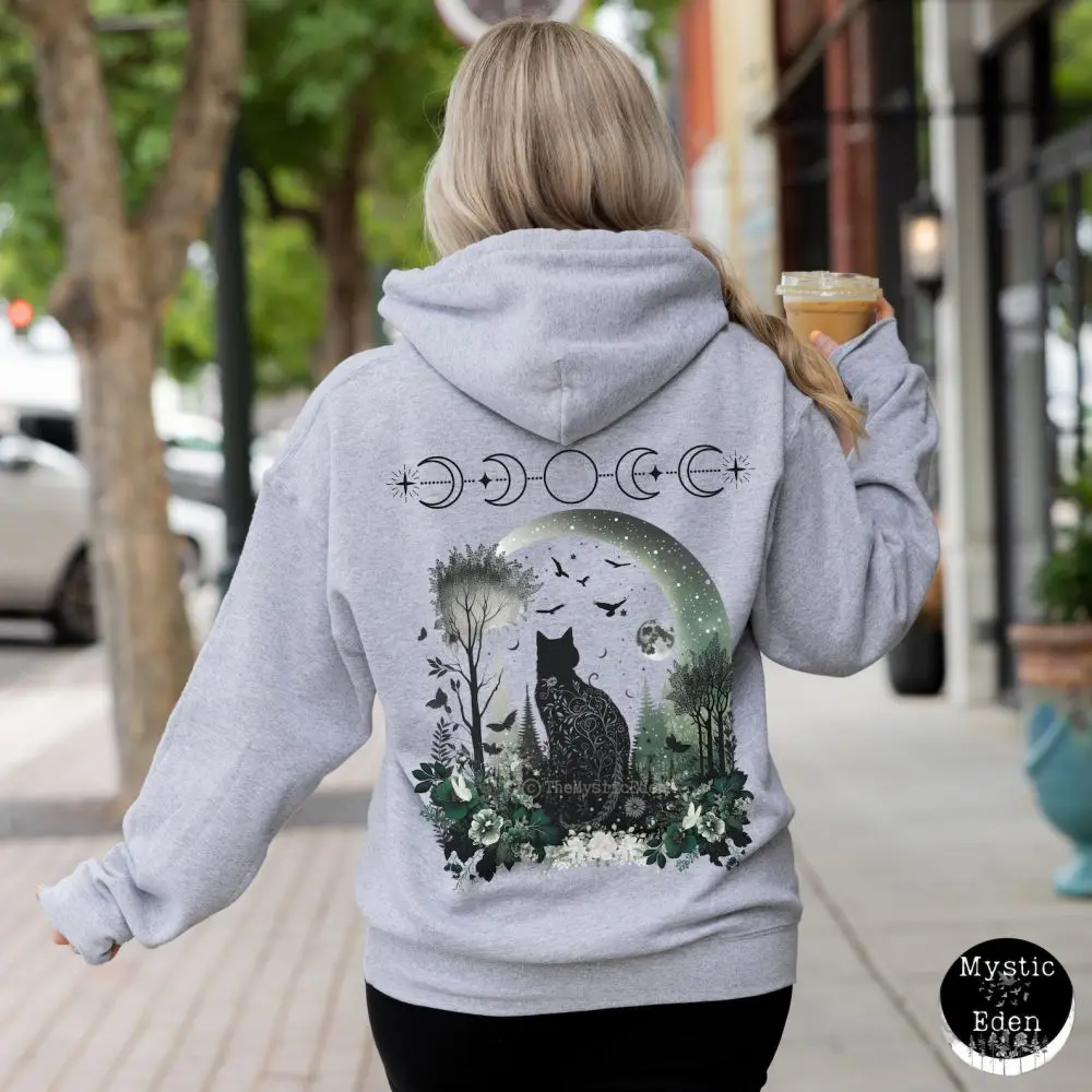 Schwarze Katze Whimsigoth Halloween Katze Hoodie Hexe Hoody Top Damen Vintage Dark Academic Tops Fleece Casual Basic Sweatshirts