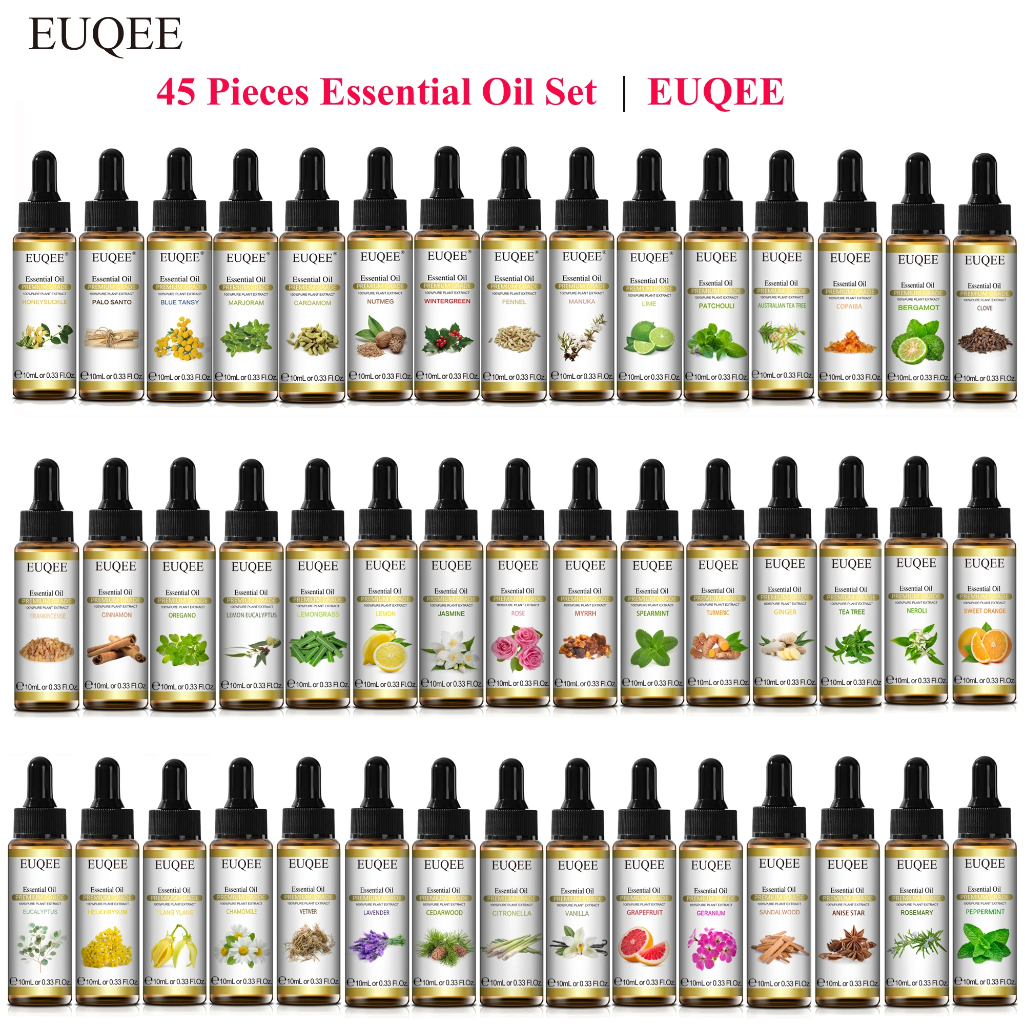 EUQEE 45 Flavor Essential Oils Set Jasmine Vanilla Grapefruit Cardamom Palo Santo 10ml Aroma Oil For Homemade Candle Skin Care