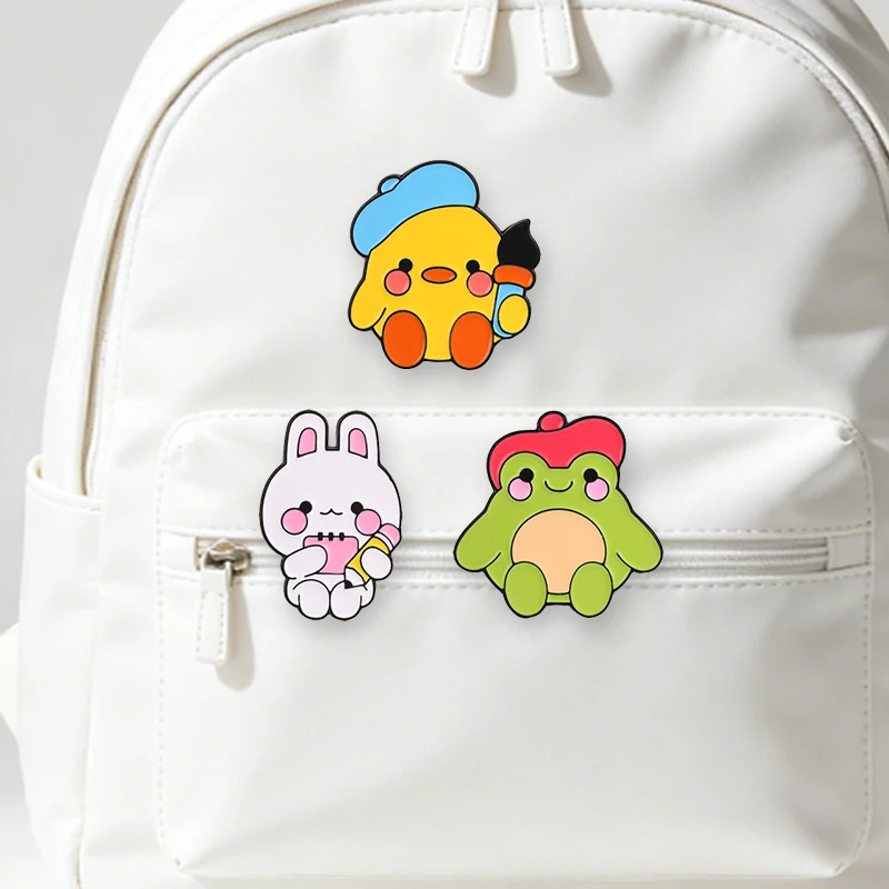 Cartoon Artist Animal Badge Enamel Pin Cute Chick Painter Rabbit Writer & Frog In Beret  Brooch Art Lovers Backpack Jacket Gifts