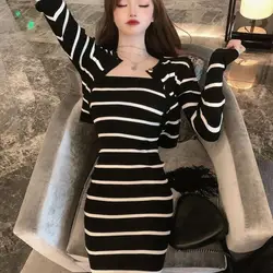 Autumn Winter Dresses For Women 2024 Ins Striped Carfigan+Wrap Hip Dress 2 Piece Sets Womens Outfits Korean Fashion 스커트 세트 투피스