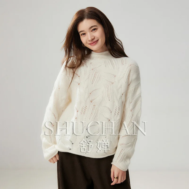 Autumn and Winter New 35% Cashmere 65% Wool Semi-turtleneck Hemming Solid 600g Hollow Pullover Loose Knitted Sweater