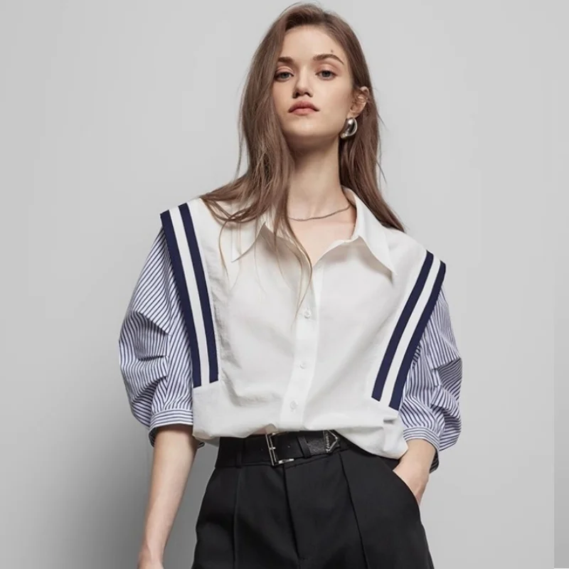 

Ins New Casual Shirt Women Stripped Print Blouse Lantern Sleeve Feminina Spliced Blouses Chic Tops Tunic Women Shirts NZ144