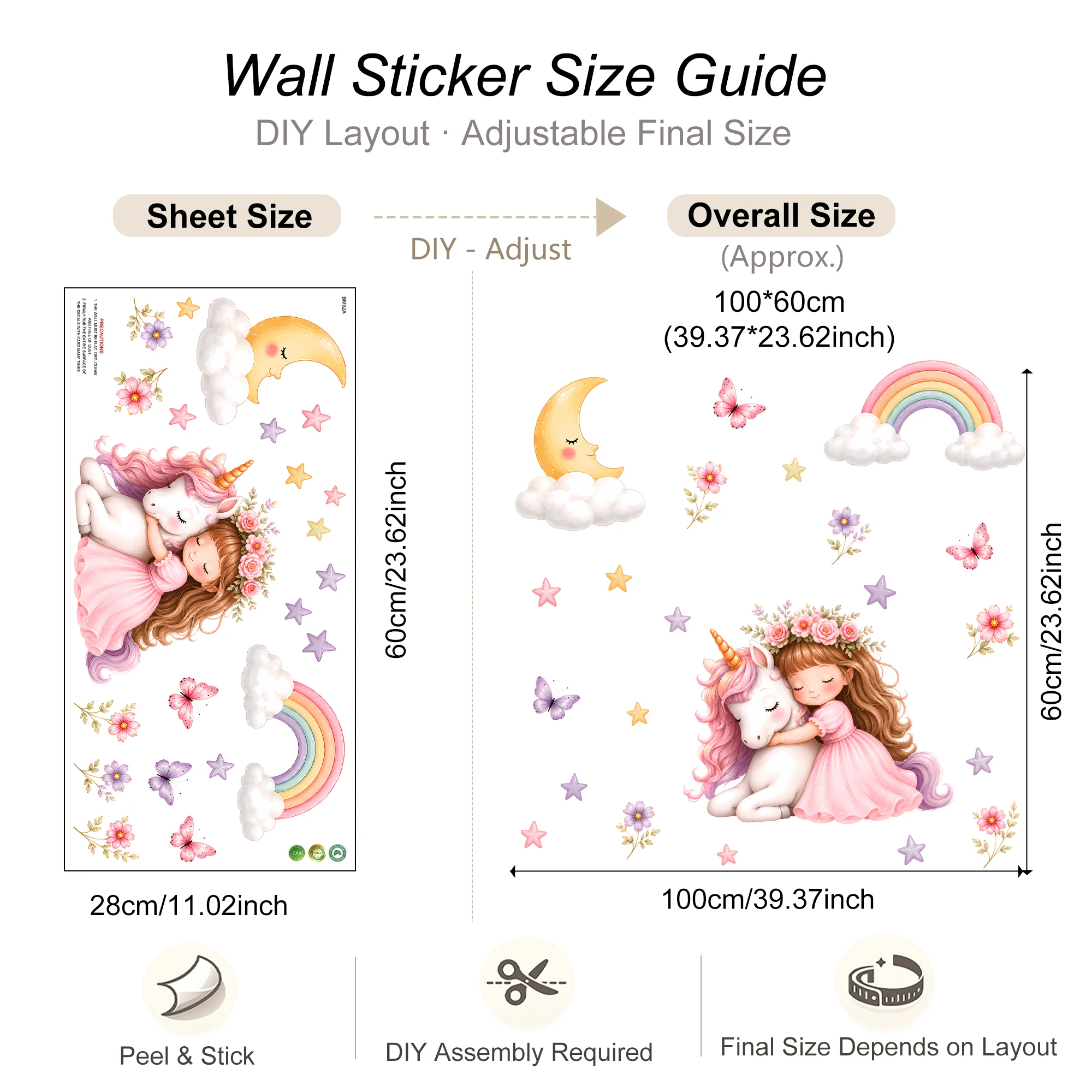 Girl & Unicorn Wall Decal - Peel and Stick Removable Watercolor Sticker Stars & Butterflies, Pastel Decor for Baby Girl Nursery view 6