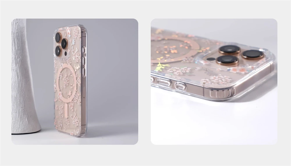 Laser Aurora Blumenmuster Transparente Handyhülle für iPhone 18 17 16 Pro Max 15 14 mit MagSafe Kabelloser Ladefunktion Klare Abdeckung – Detail 4