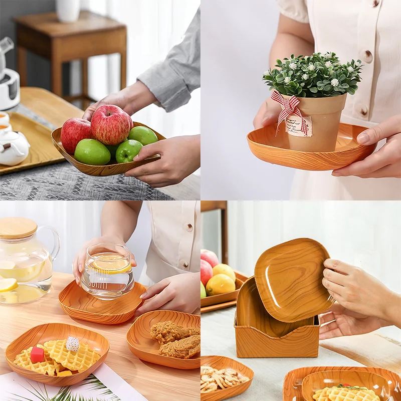 5Pcs Plastic Snack Plate Imitation Wood Cake Trays Sushi Breakfast Dried Fruit Dish Bone Spitting Dish Tableware Serving Plate