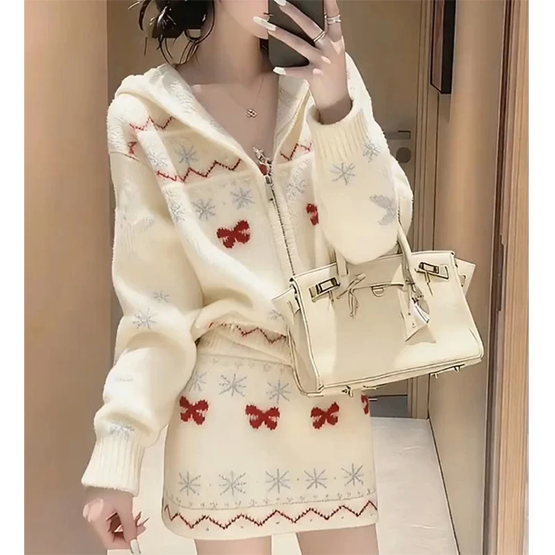 

Korean Style Autumn Winter White Knitted Set Women's New Lazy Style Top Half Skirt Anti-Aging Two-Piece Set Fashionable Casual