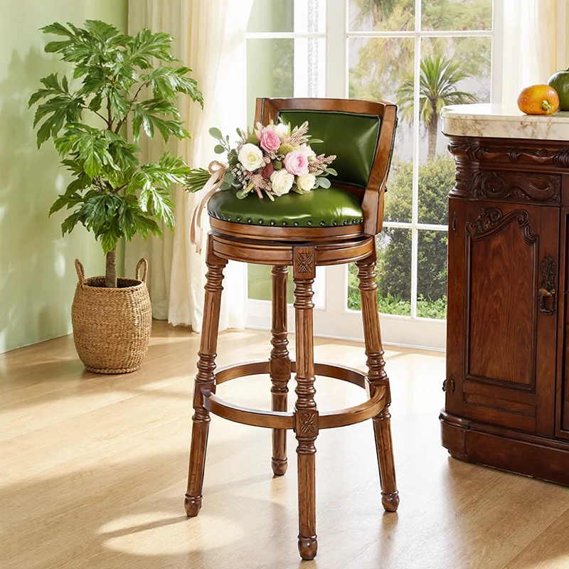 Household European solid wood bar chair round stool high stool backrest