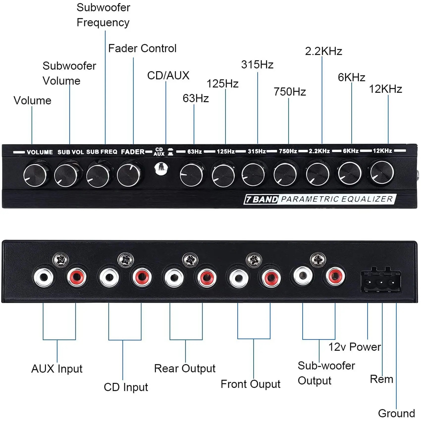 7-Band Car Audio Equalizer, Adjustable 7 Bands EQ Car Amplifier Graphic Equalizer with CD/AUX Input Select Switch,Black