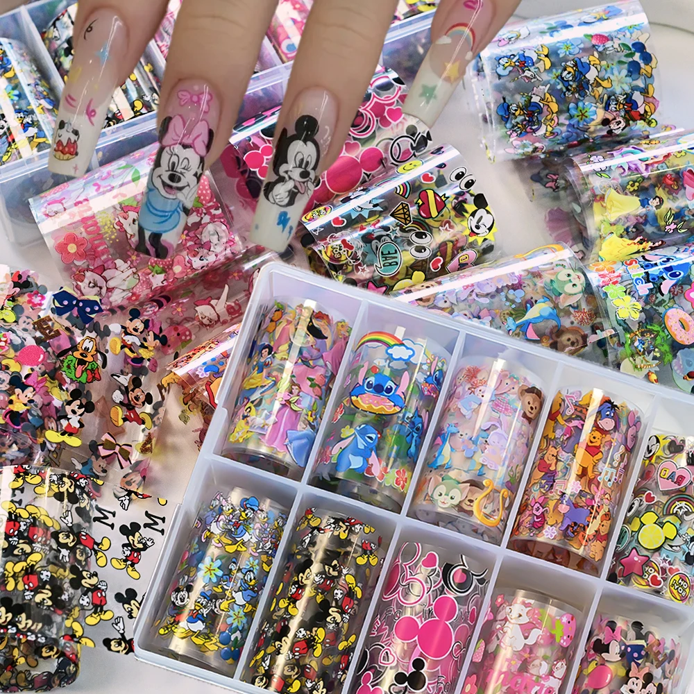 

10Rolls Cute Mickey Stitch Nail Transfer Sticker 4*100cm Hello Kitty Kuromi Cartoon Nail Foils Paper Anime Character Nail Decals