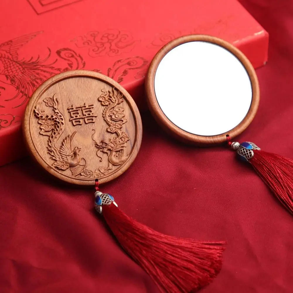 with Tassels Makeup Mirror Sandalwood Mini Vanity Mirror Plum Blossom Chinese Ancient Style Compact Pocket Mirror Makeup Tool