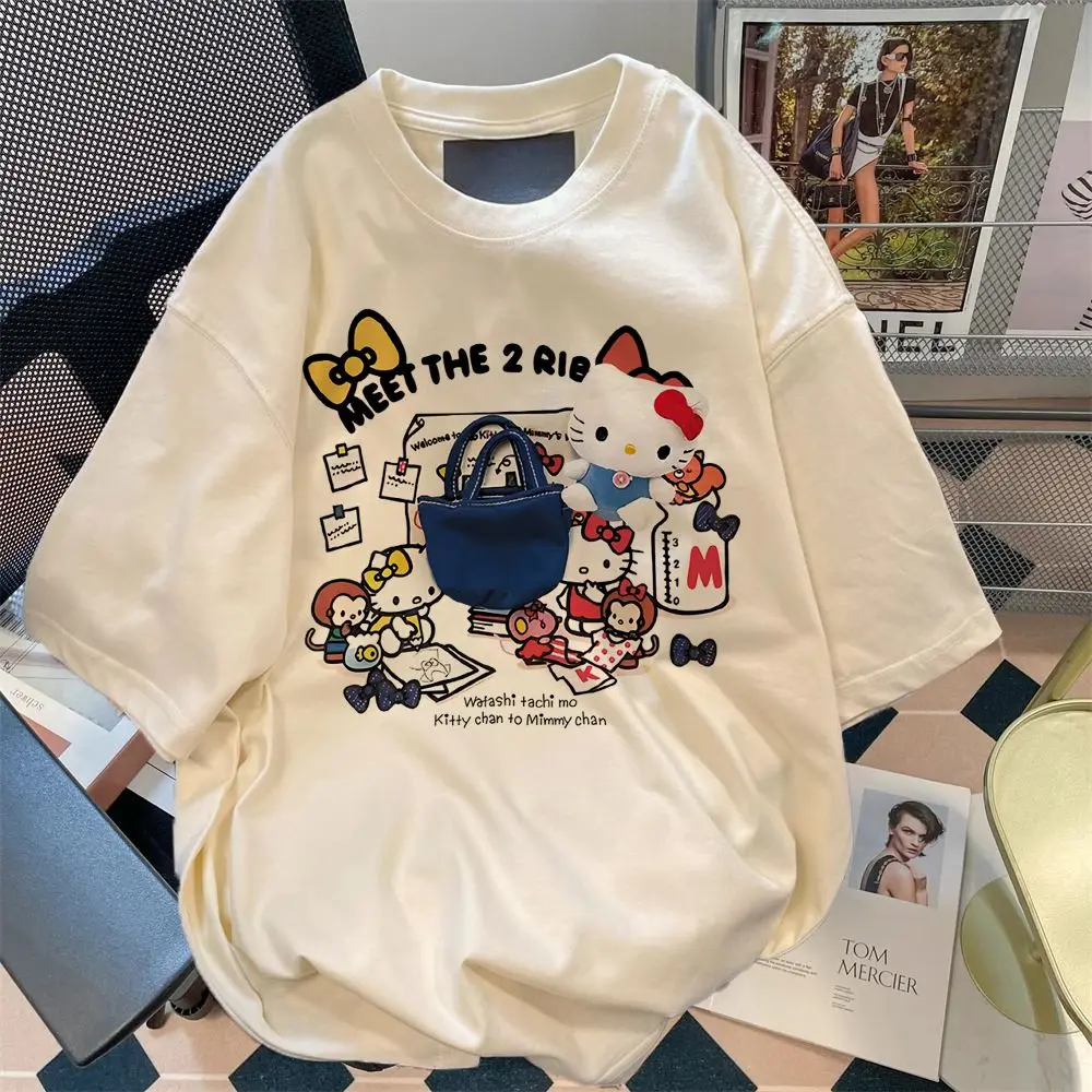 2024 Hello Kitty Sanrio T-shirt Kawaii Cartoon Print Cotton Tops O-neck Oversized Shirts Streetwear Splicing Top Women Clothing