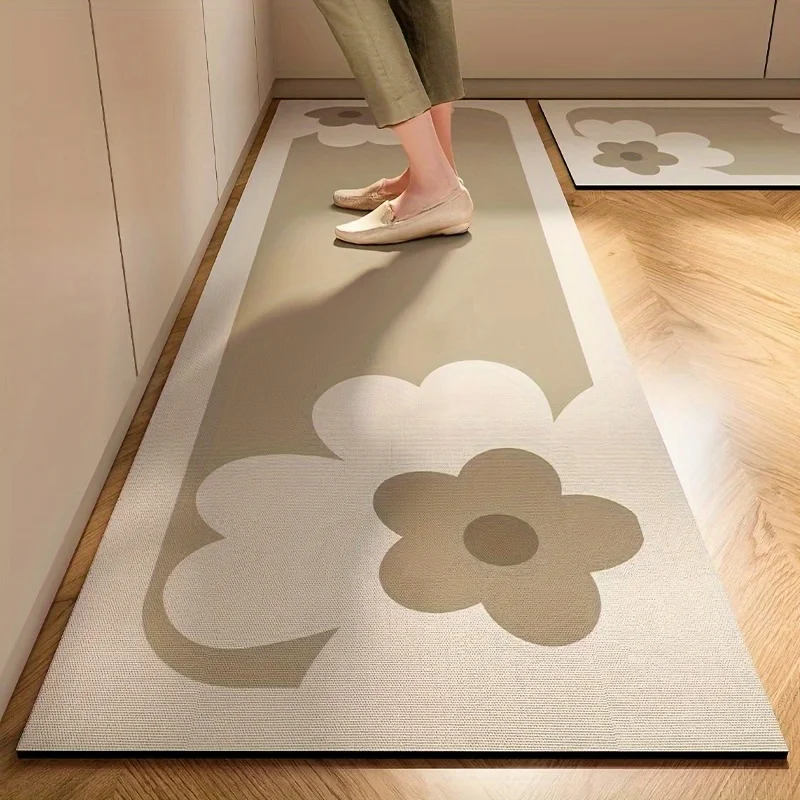 

Diatom Mud Material Nordic Style Kitchen Mat - Modern Floral Design, Rubber Backed, Easy-to-Clean Rectangular Mat for Home Decor