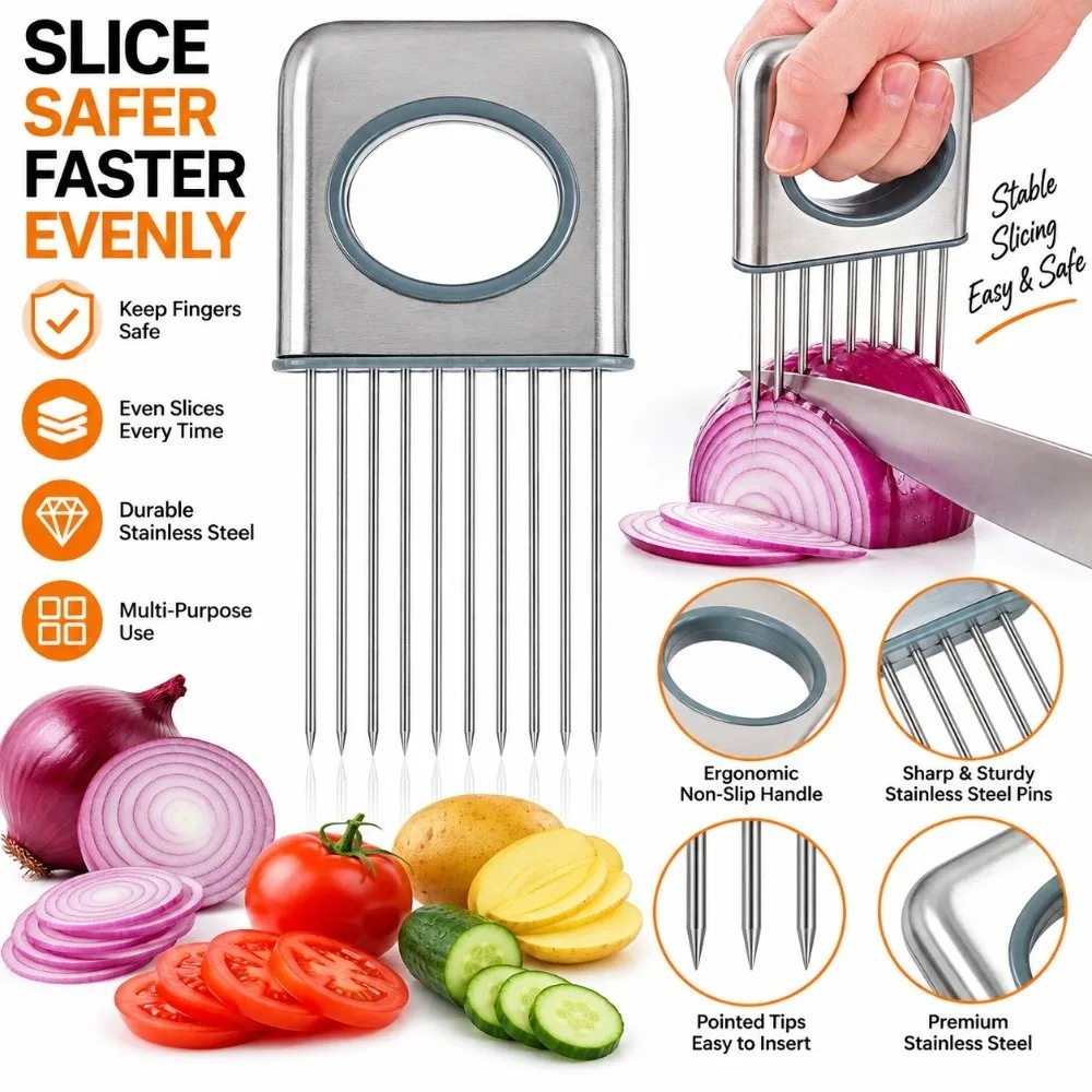 Stainless Steel Onion Neddle Silver Easy Hold Handle Onion Slicing Holder 10 Prong Design Multifunctional Onion Cutter Holder