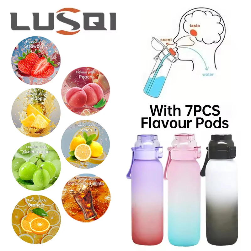 LUSQI 1PC 1000ML Flavor Water Bottle With Straw With 7PCS Flavor Pods Fashion Fitness Water Bottle For Outdoor Activities Sports