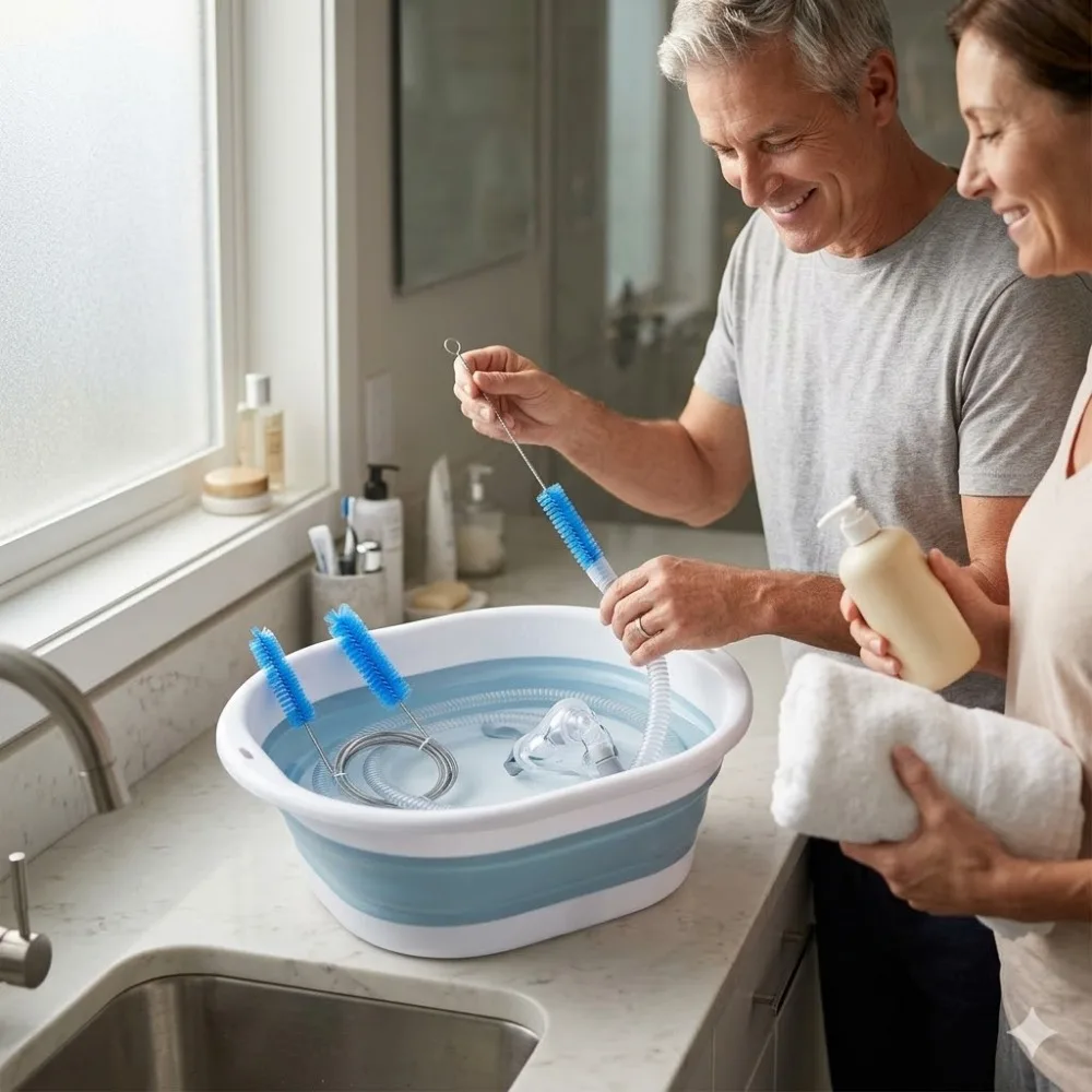 CPAP Tube & Mask Cleaning Set, Collapsible Reusable Wash Basin + Hose Cleaning Brush,Lightweight Portable Bucket for CPAP Device