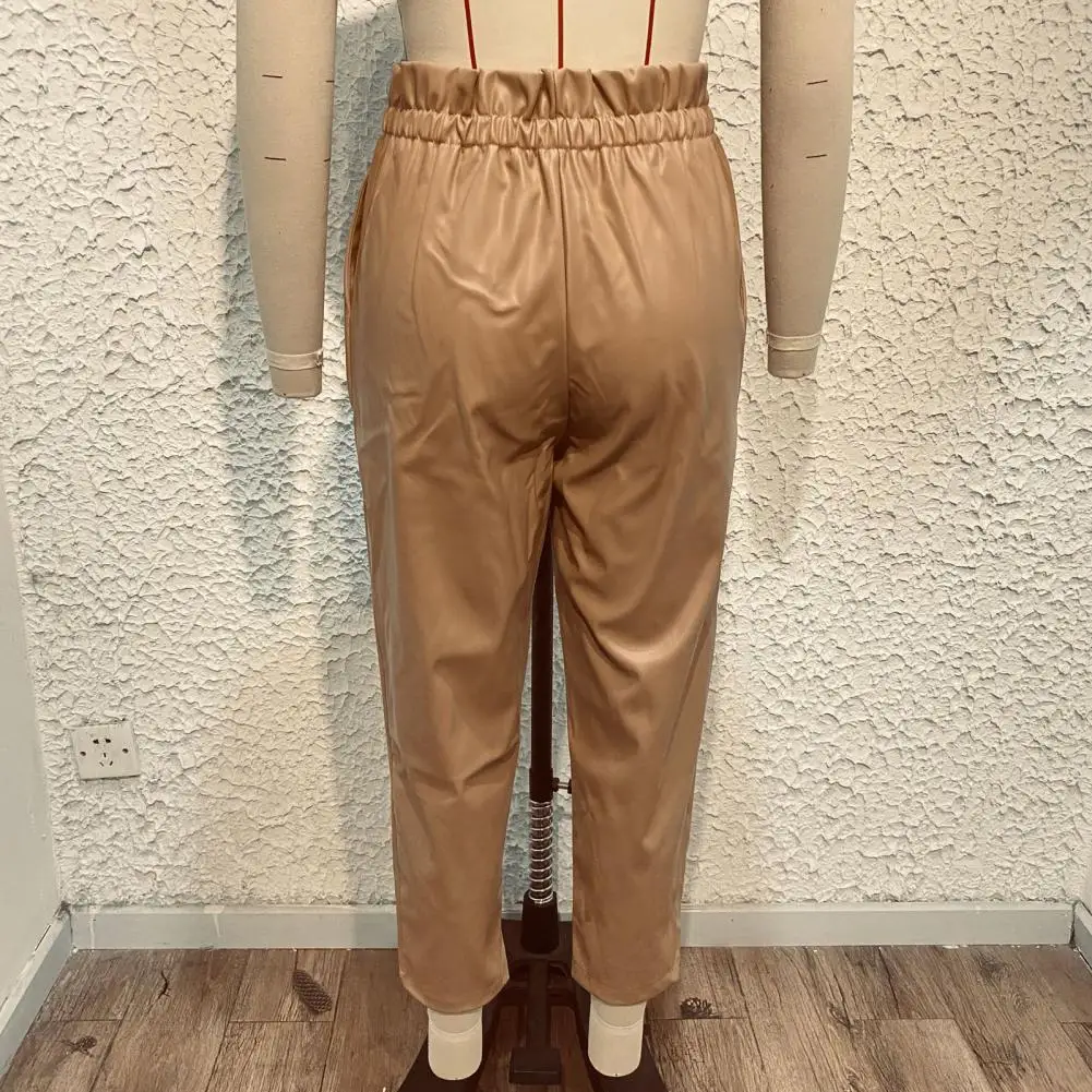 Women Straight Fit Pants Stylish Lace-up High Waist Leather Pants for Women Straight Fit Solid Color Trousers with Elastic