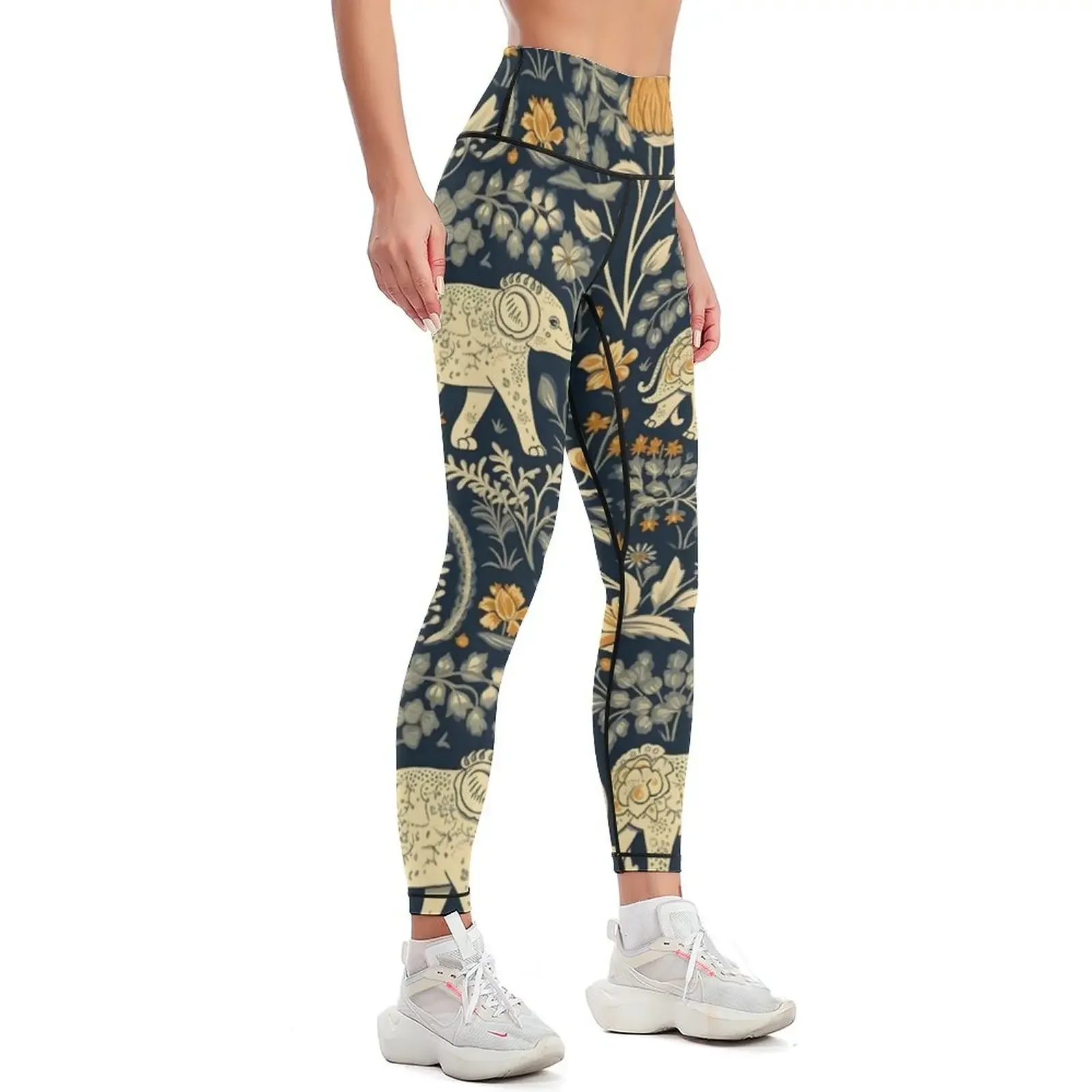 William Morris-inspired Orange Floral on Deep Blue Background With Pale Yellow Elephants Leggings Women's tights Womens Leggings