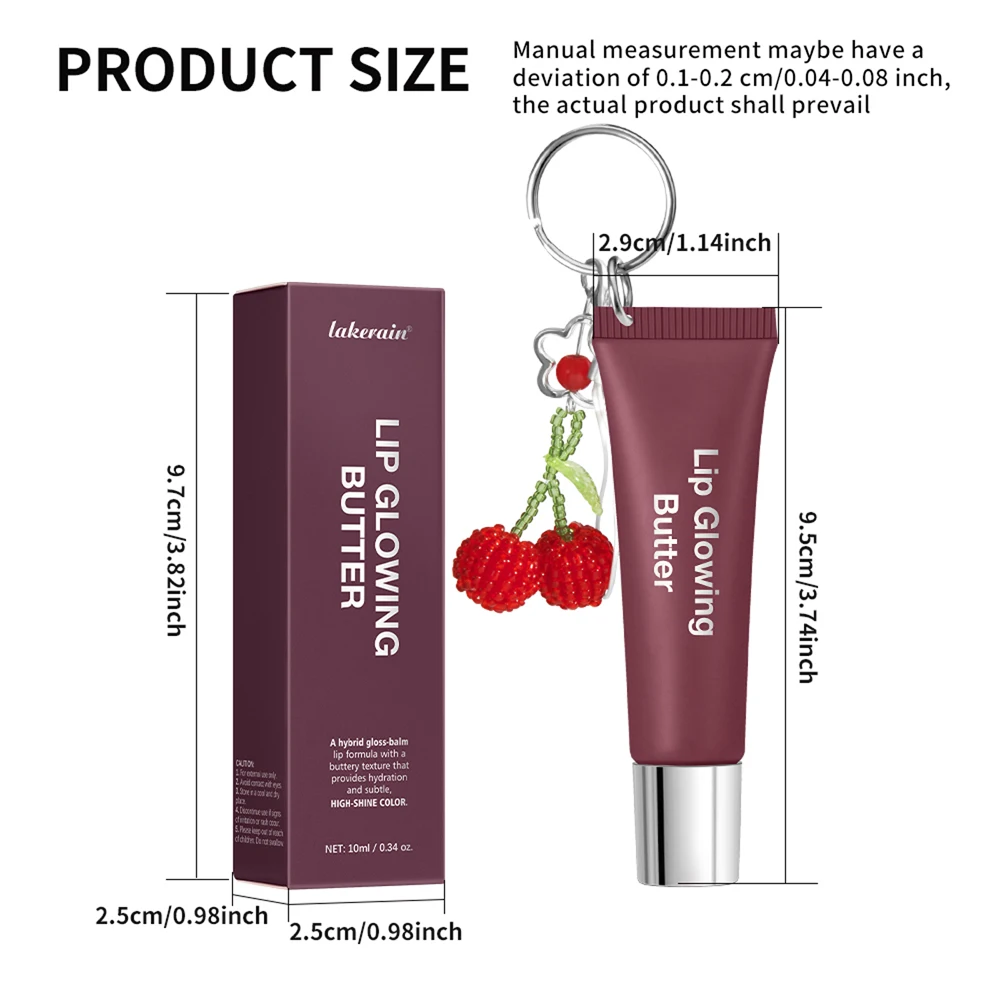 Lakerain brilho labial manteiga bálsamo labial hidratante brilho labial com pingente corrente de prata cereja fácil de transportar brilho labial