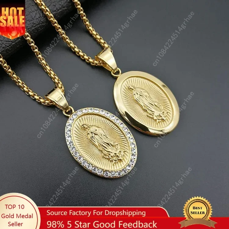 

Virgin Mary Prayer Pendant Necklaces Gold color 316L Stainless Steel with rhinestone Women/Men Jewelry