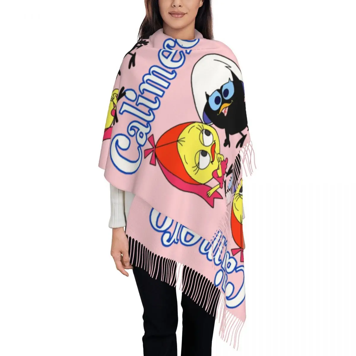 

Стильный Calimero, Италия, ТВ, мультяшный шарф с кисточками, женский зимний теплый платок, женские шарфы в стиле манга, аниме