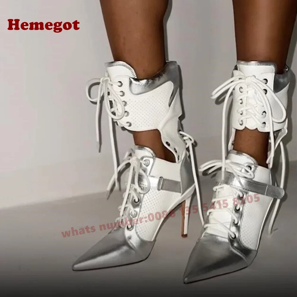 

Серебристо-белые ботинки до середины икры со шнуровкой, женские ботинки с острым носком и металлической сеткой на шпильке, осенне-зимняя обувь в стиле пэчворк