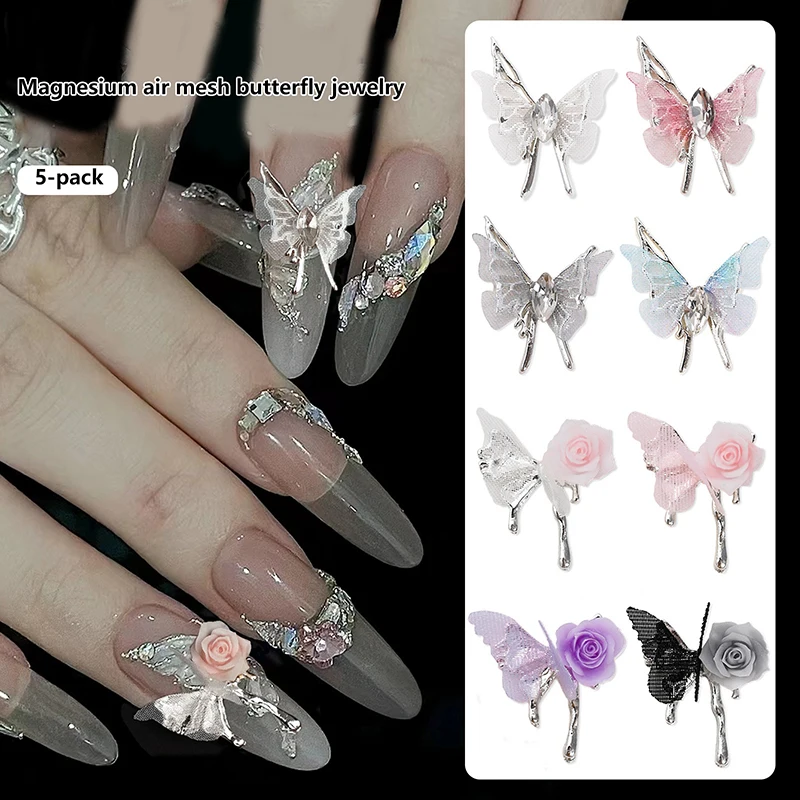 5PCS 3D Organza Butterfly Nail Art Flower Charms Parts Luxury Alloy Accessories Nails Decoration Supplies Manicure Decor Tools