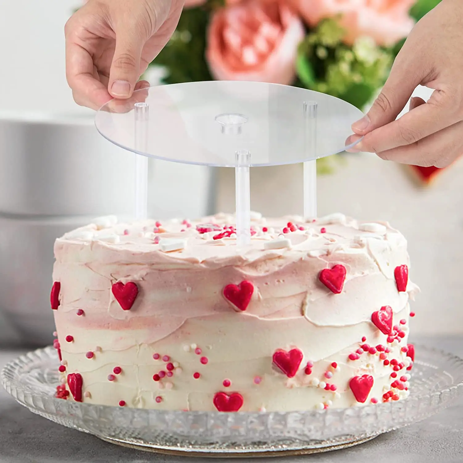 A57X-Cake Stand Cake Plate 4 Reusable Cake Supports With 12 Plastic Dowel Rods Cake Supports For Multi-Tier Cake Decoration