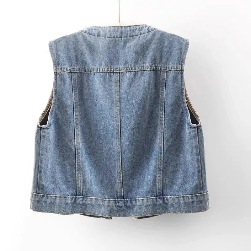 

Women's Cowboy Vest Coat Summer Design Sense Lace Round Neck Female Blue Denim Waistcoat Elegant Sleeveless Ladies Horse Clip