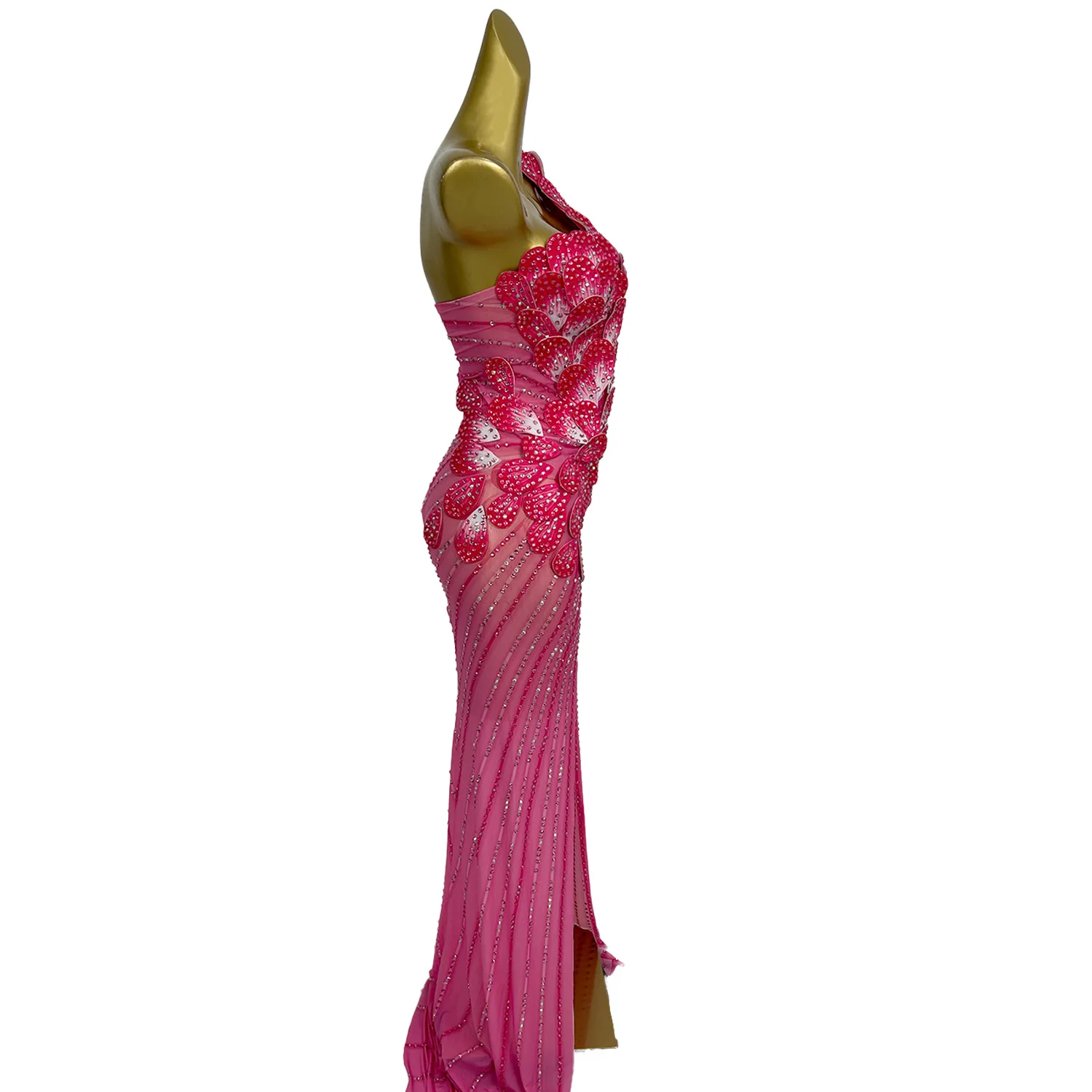 Haut de gamme élégant dames robe de soirée une épaule haute fentes latérales robe longue Sexy femmes maille transparente rose robe de bal Fenhuaduo