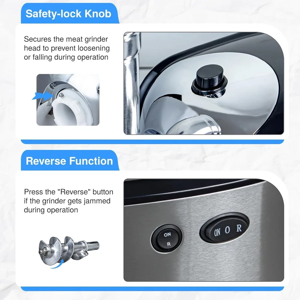 Moedores de carne elétricos para uso doméstico, máquina de enchimento de salsicha máxima de 2000W, moedor de carne de cozinha resistente com 3 placas de moagem