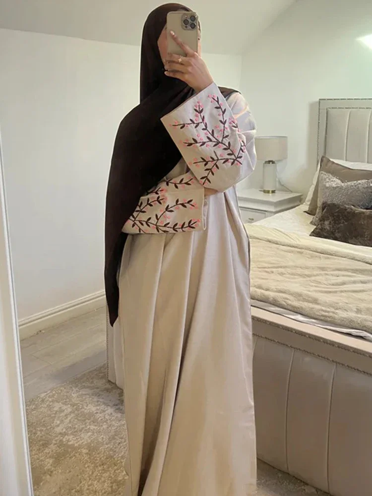 Vestido musulmán bordado Floral para mujer, túnica larga árabe de Dubái Eid Marruecos Ramadán, Abayas con cordones, Kaftan Islámico