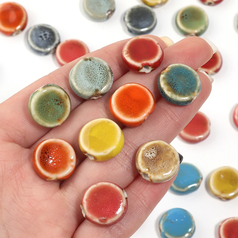 10 Stück/Lot 15 mm glasierte Keramikperlen, bunte, flache, runde, lose Porzellanperlen für DIY-Bastelarbeiten, Armbänder, Halsketten, Schmuckzubehör