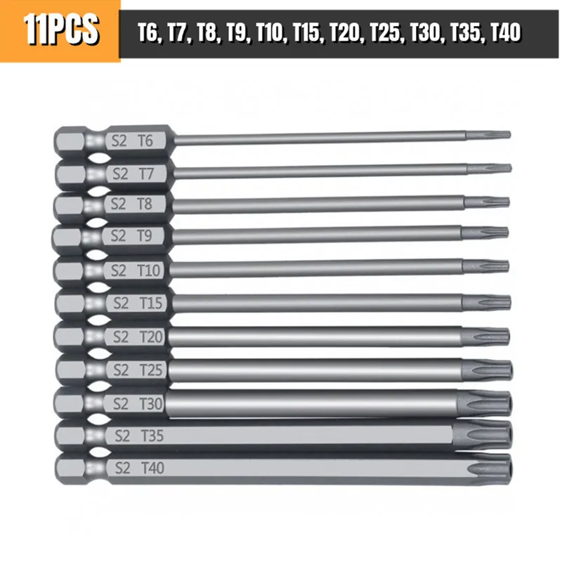 11 Pcs 75/100mm Tamper Proof Security Drill Magnetic Bit Set Torx Screwdriver Flat Head 1/4