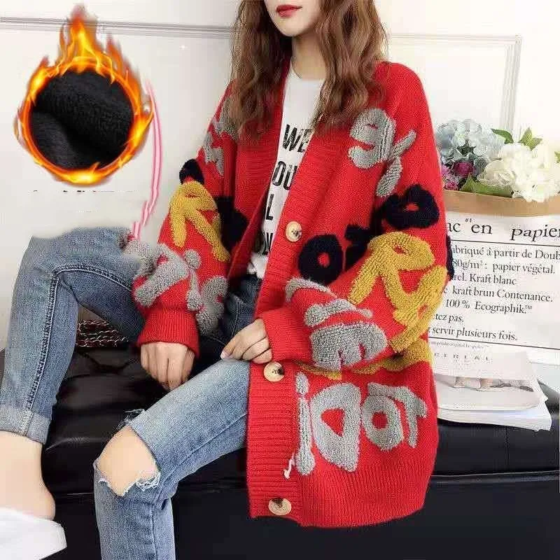 Women\'s Cardigan Button V-neck Letter Knit Spring and Autumn New Loose Korean Thickened Pocket Long Sleeve Fashion Sweater Coat