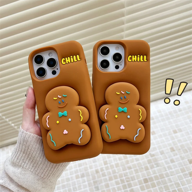 For iPhone 16 Pro Max Cartoon Gingerbread man Fold bracket Silicone Soft Case For iPhone 15 14 12 13 Pro Max 15P Cute Phone Case