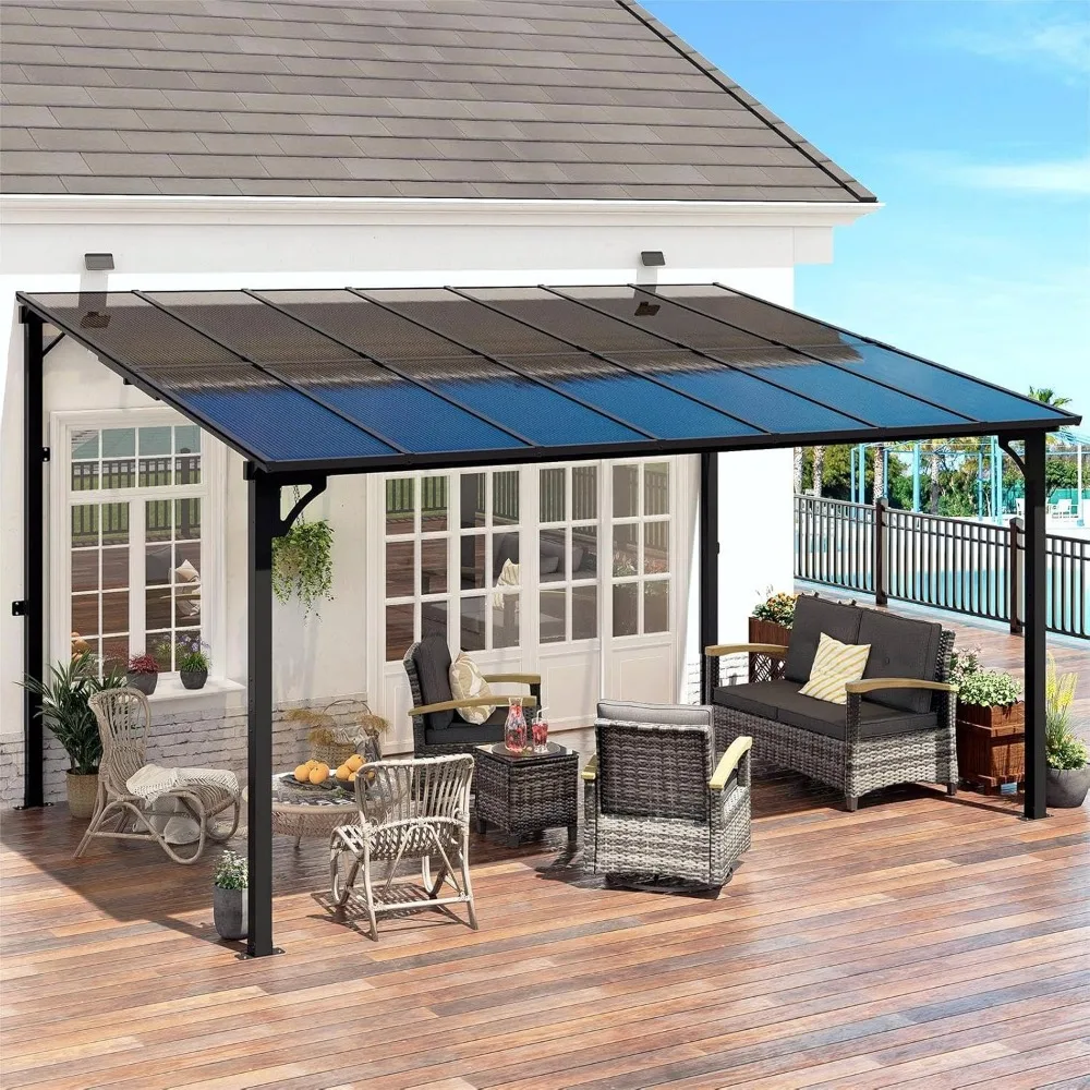 

10' x 14' Gazebo, Wall Mounted Gazebo, Lean to Metal Awnings Gazebos, Gazebo Pergola Sloped Roof, Outdoor Patio Gazebo Awning