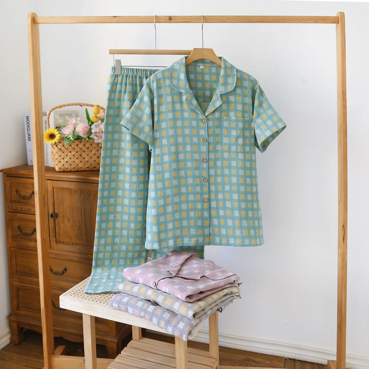 

2025 New Women Summer Pajamas 2 Pcs Set 100% Cotton Women Spring Sleepwear Home Suit Short Sleeved Long Pants Print Pajam