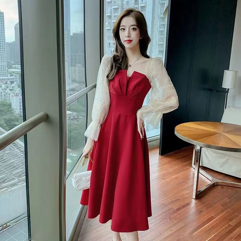 Malha estilo coreano emenda lantejoulas vestido feminino designer casual juventude elegante luxo de uma peça barato vestidos de manga longa femininos